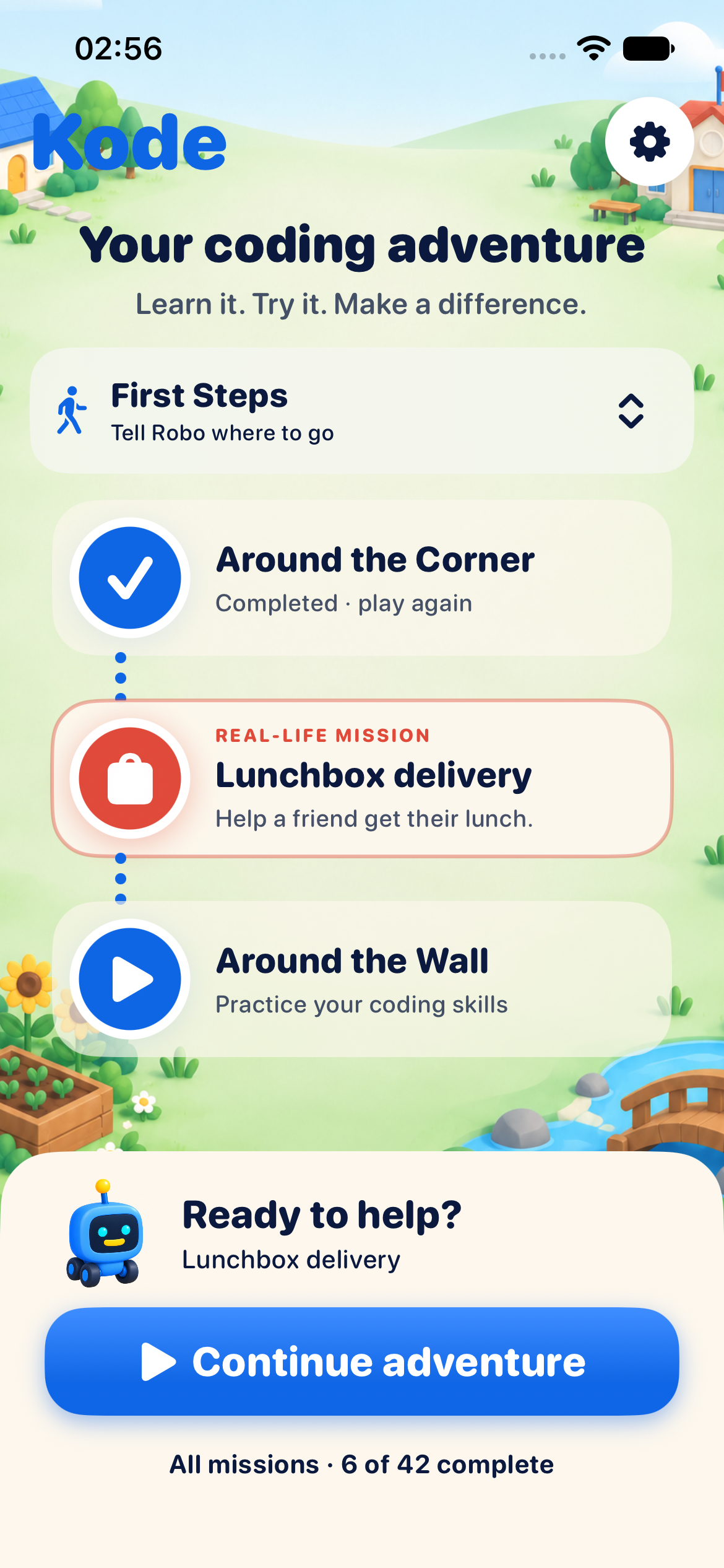 Kode's adventure map, with a lunchbox delivery mission between movement lessons