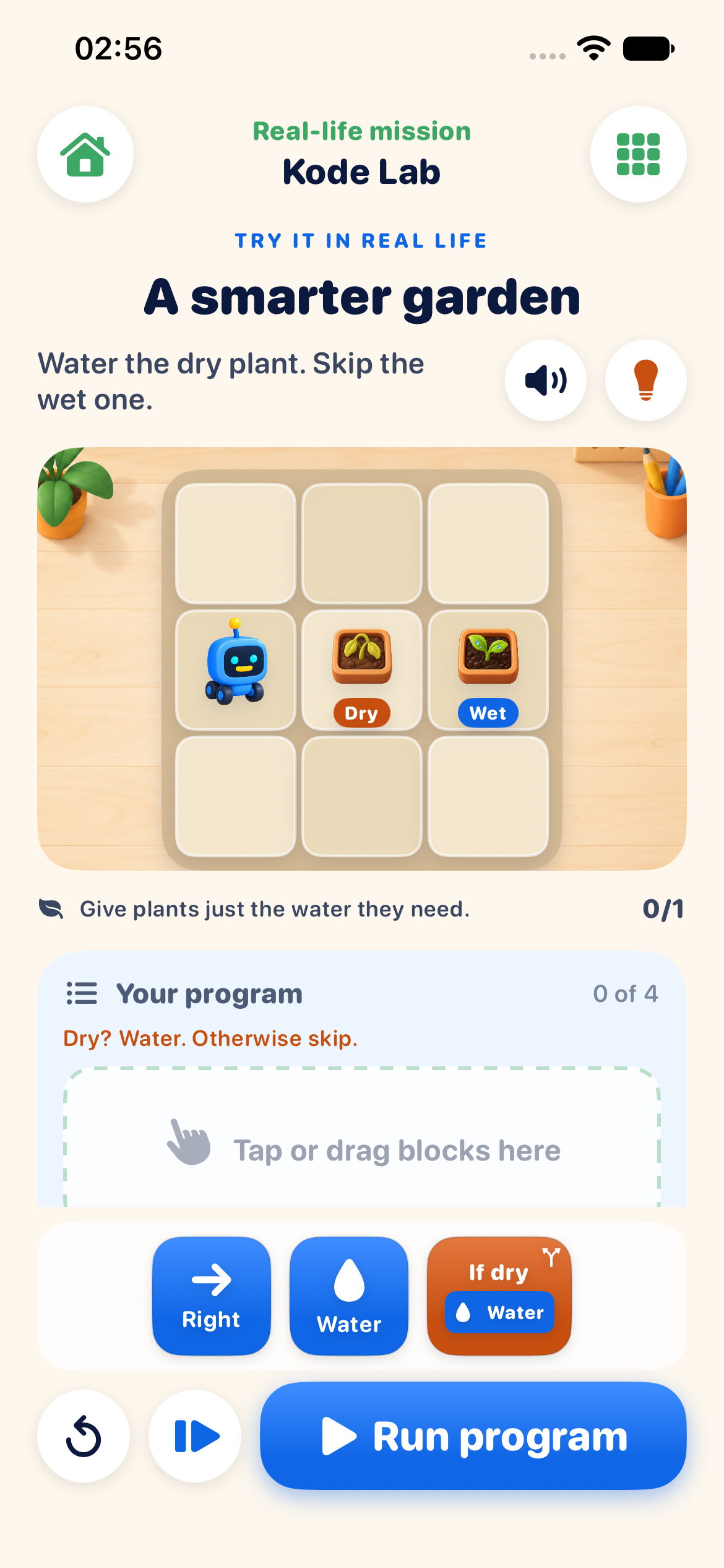 Kode's garden mission with Robo, plants, and a colorful command-block program