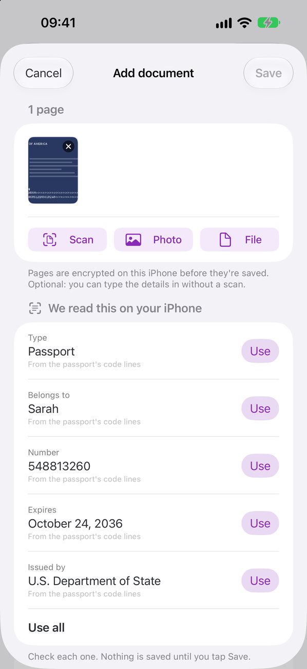 A scanned passport with the details read on the iPhone