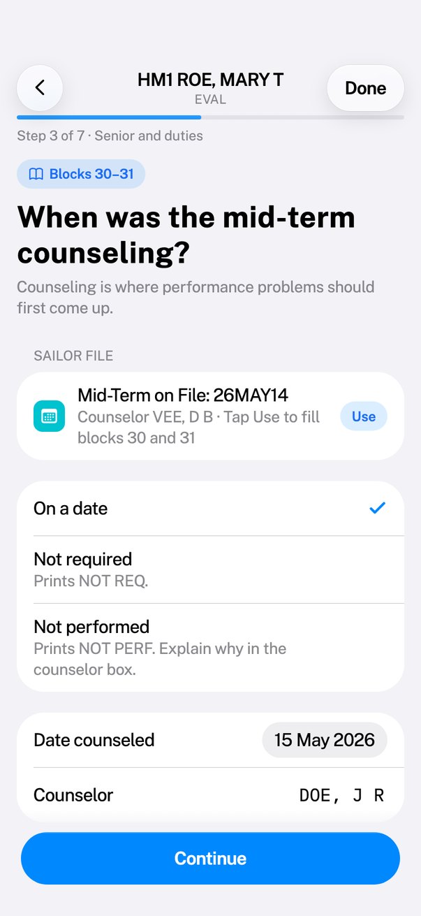 The eval’s counseling page offering the mid-term on file, with a Use button to fill blocks 30 and 31