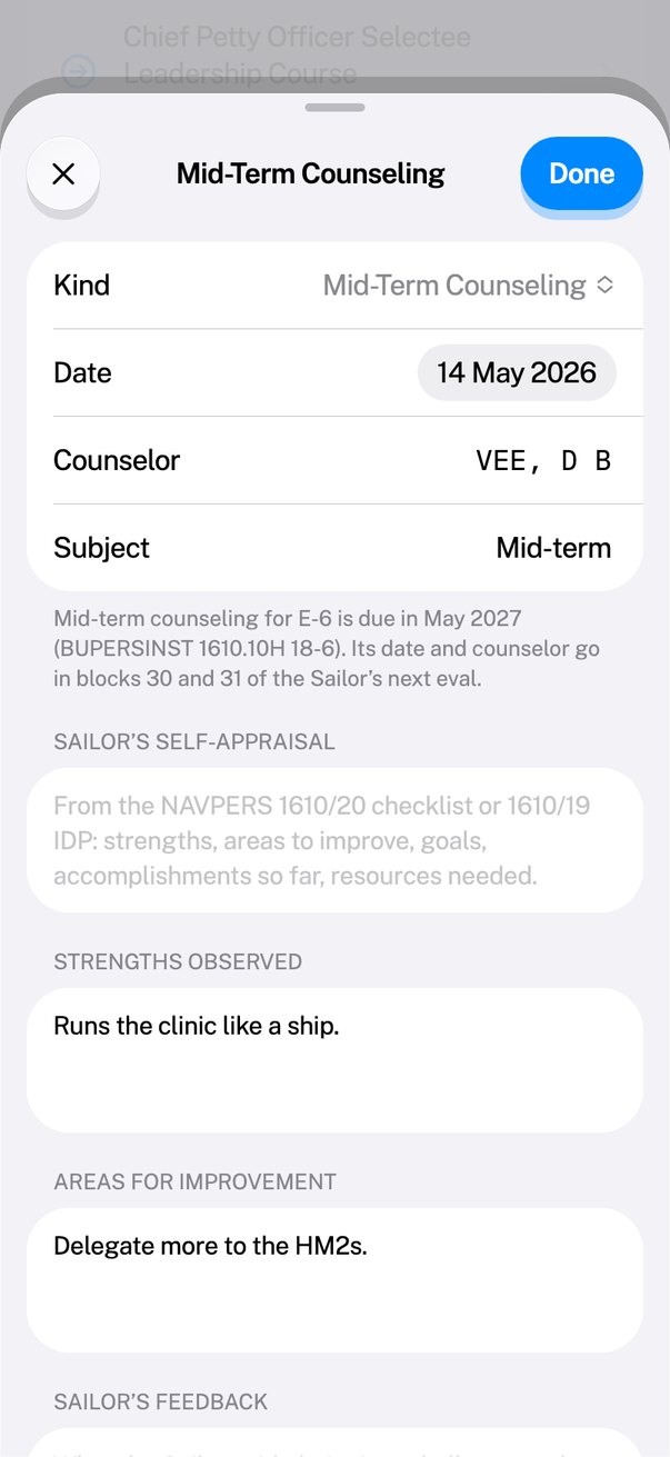 Mid-term counseling record with self-appraisal, strengths and areas for improvement